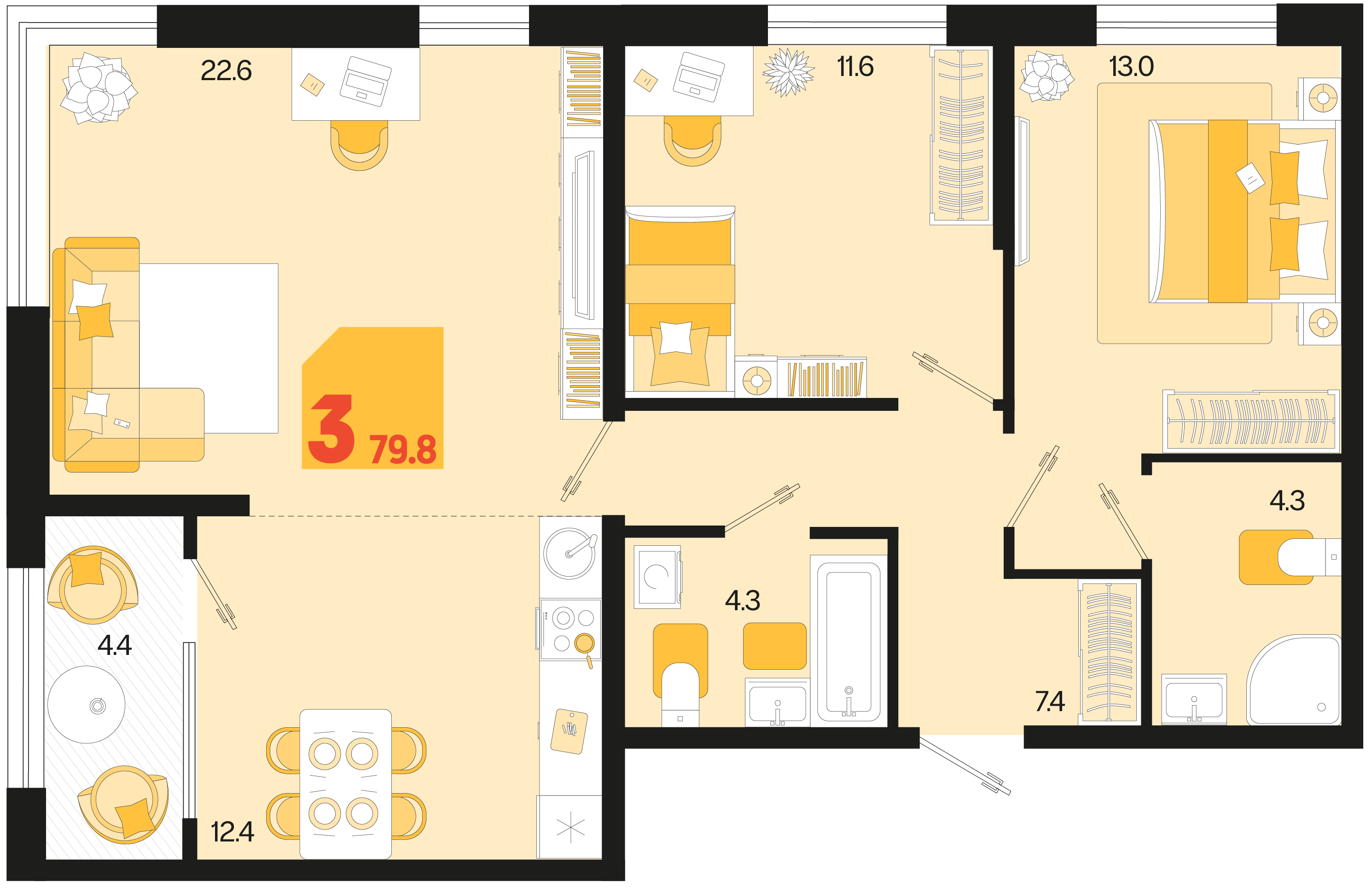 Планировка: 3-комн. квартира 77,7 м²