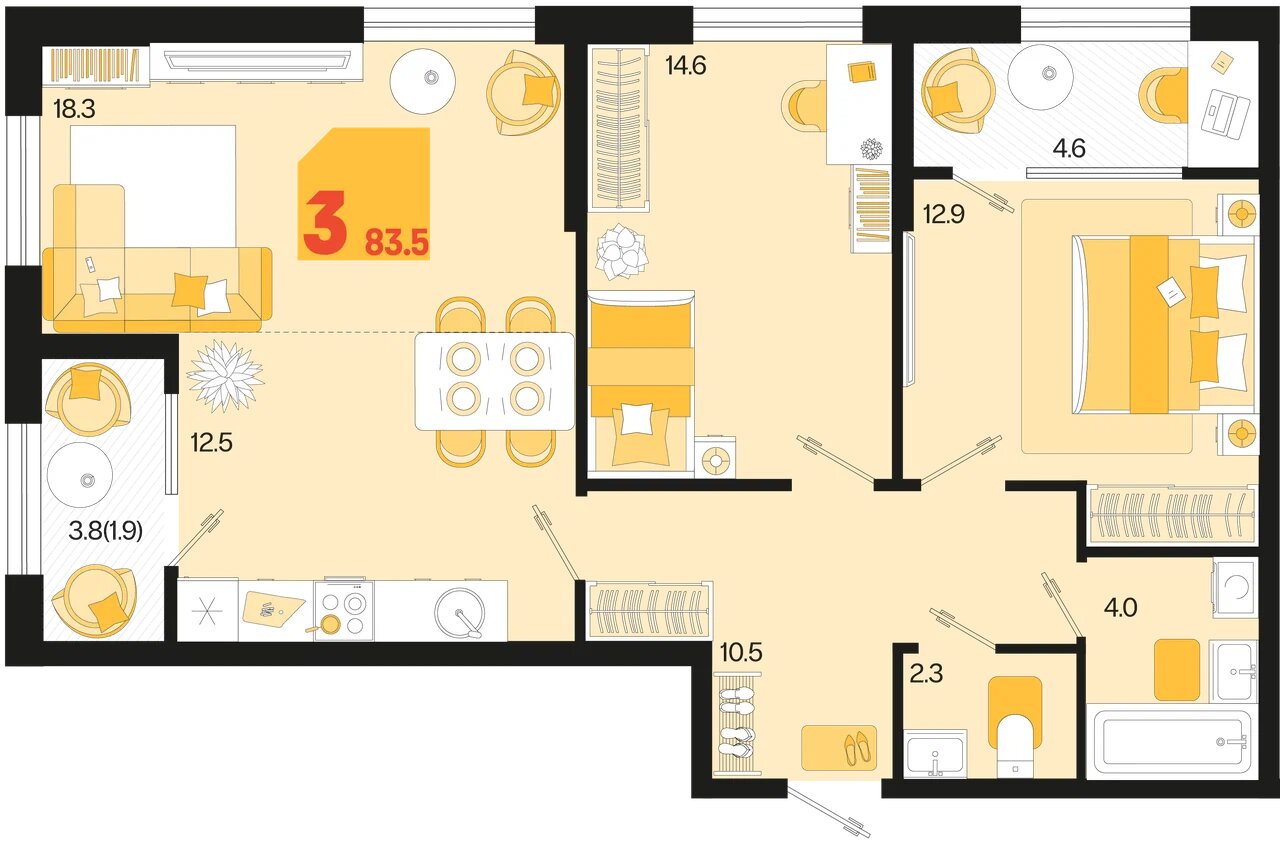 Планировка 3-комнатная 79,3 м²
