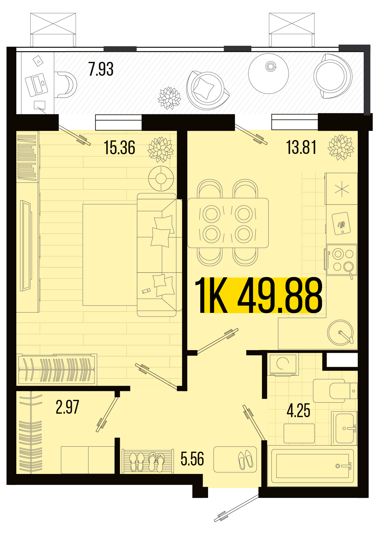 Планировка: 1-комн. квартира 46,4 м²