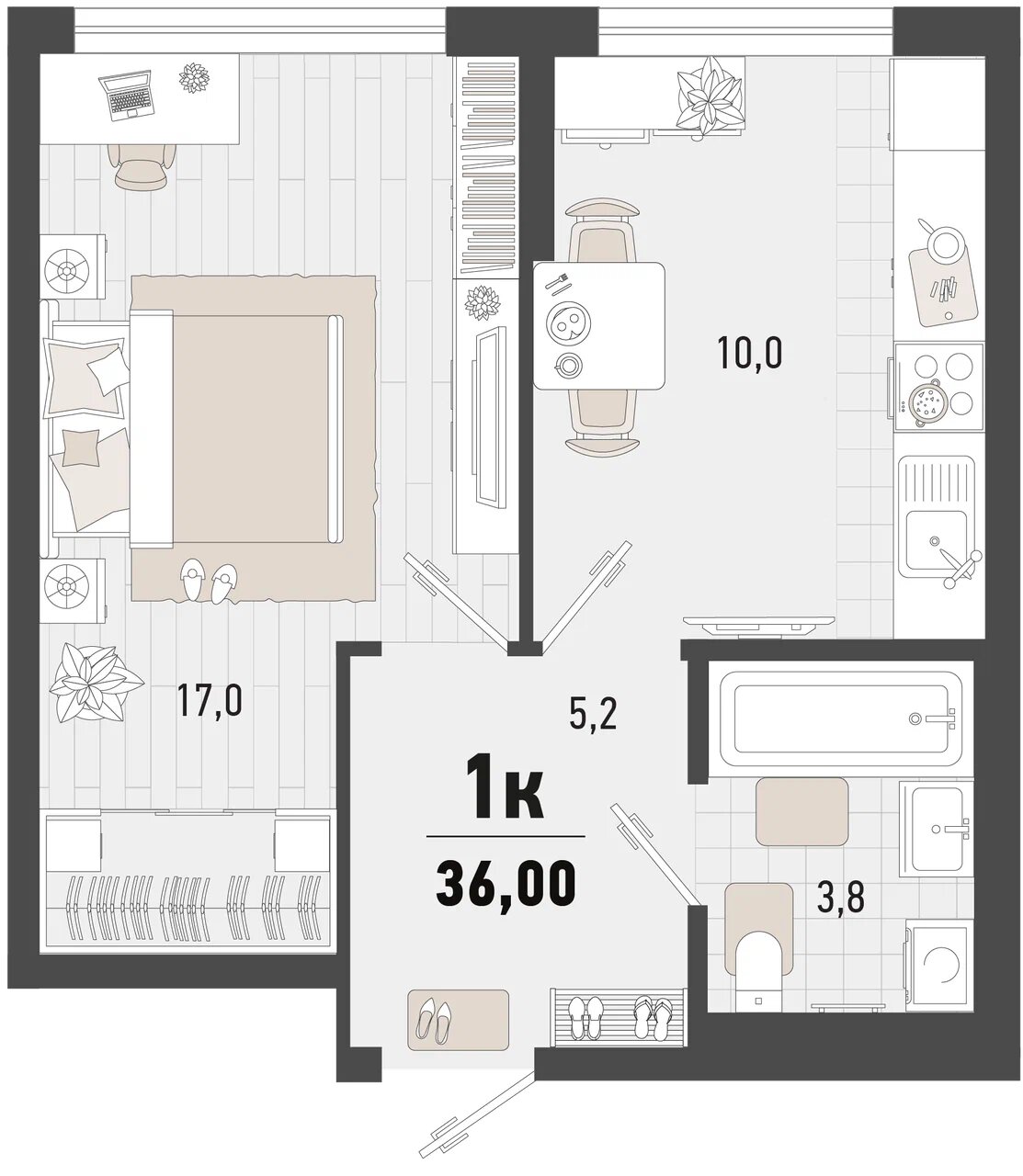 Планировка: 1-комн. квартира 36 м²