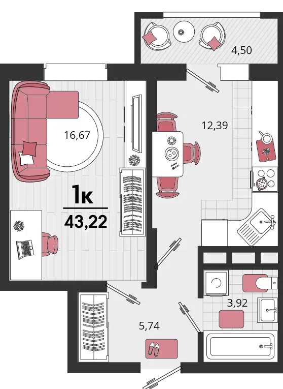 Планировка 1-комнатная 41,75 м²