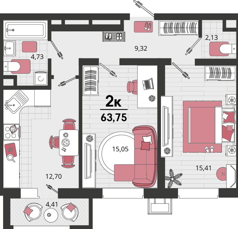Планировка: 2-комн. квартира 60,7 м²