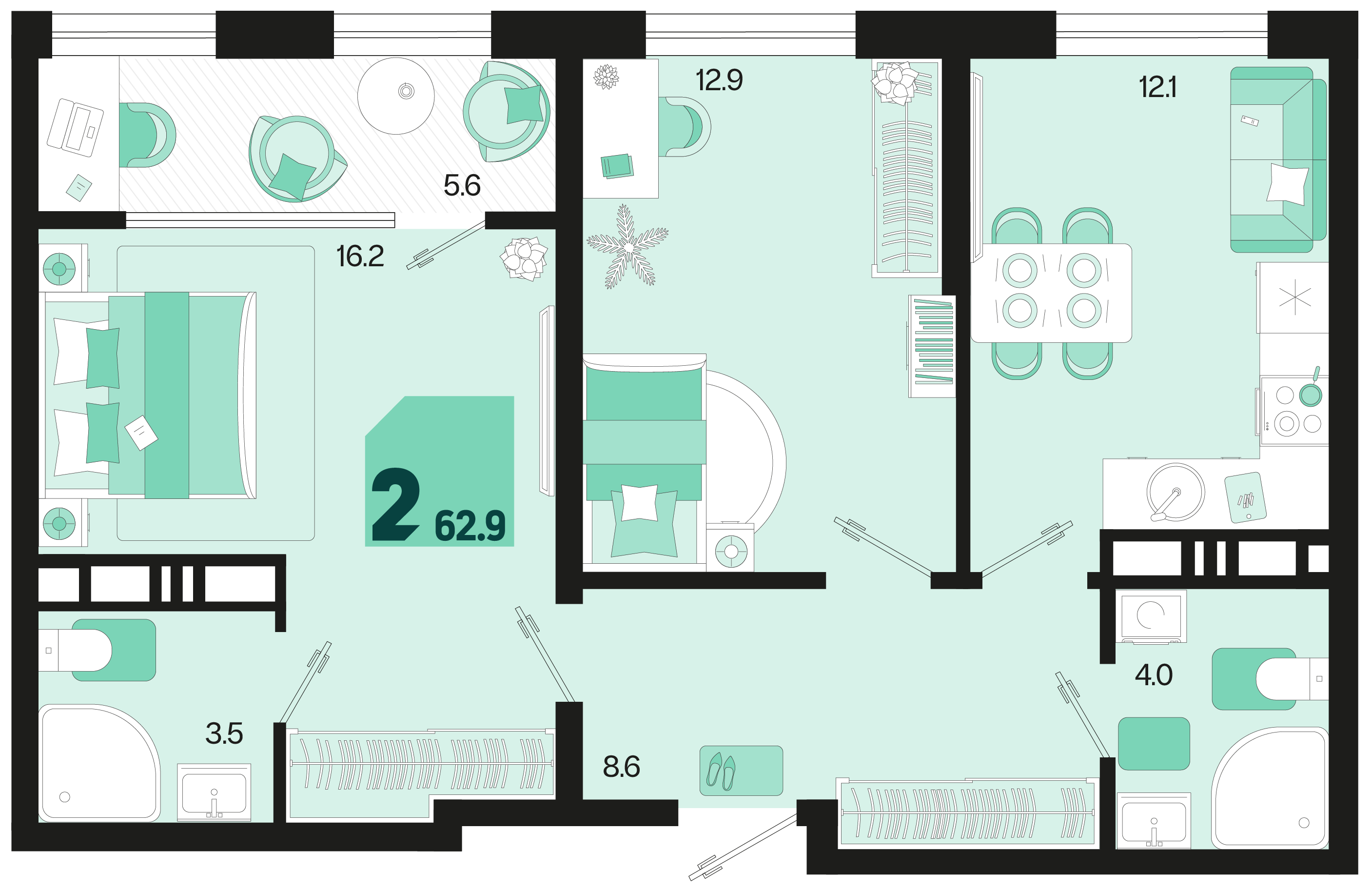 Планировка: 2-комн. квартира 60,1 м²