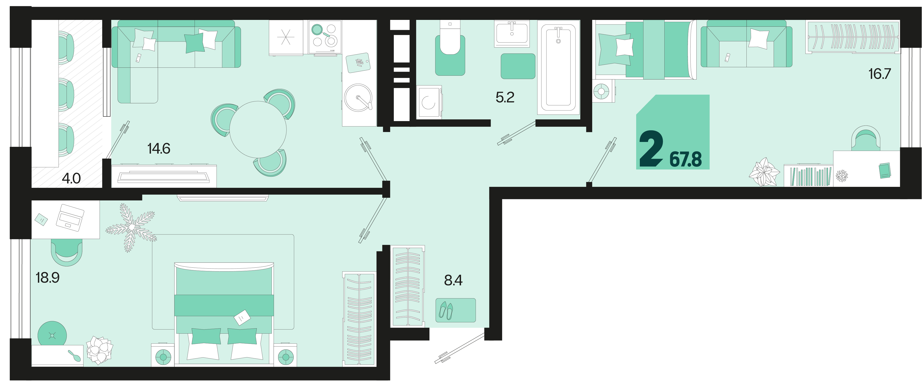 Планировка: 2-комн. квартира 65,8 м²