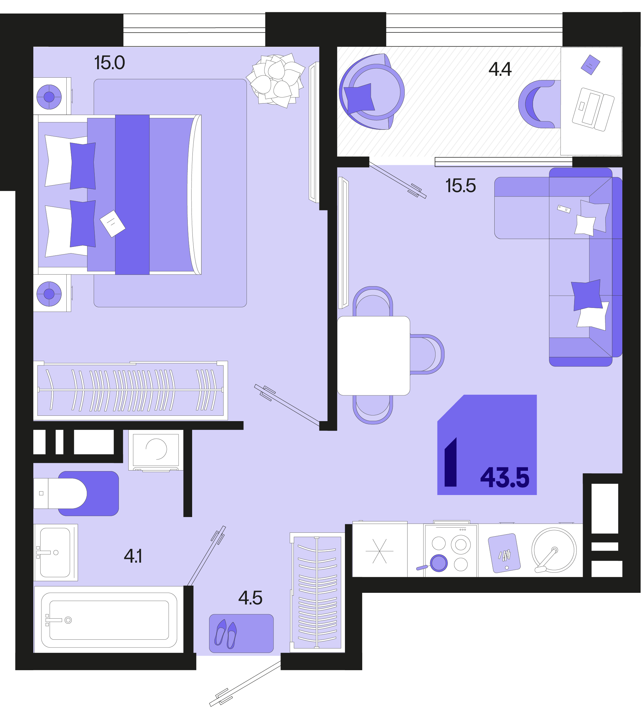 Планировка: 1-комн. квартира 41,3 м²