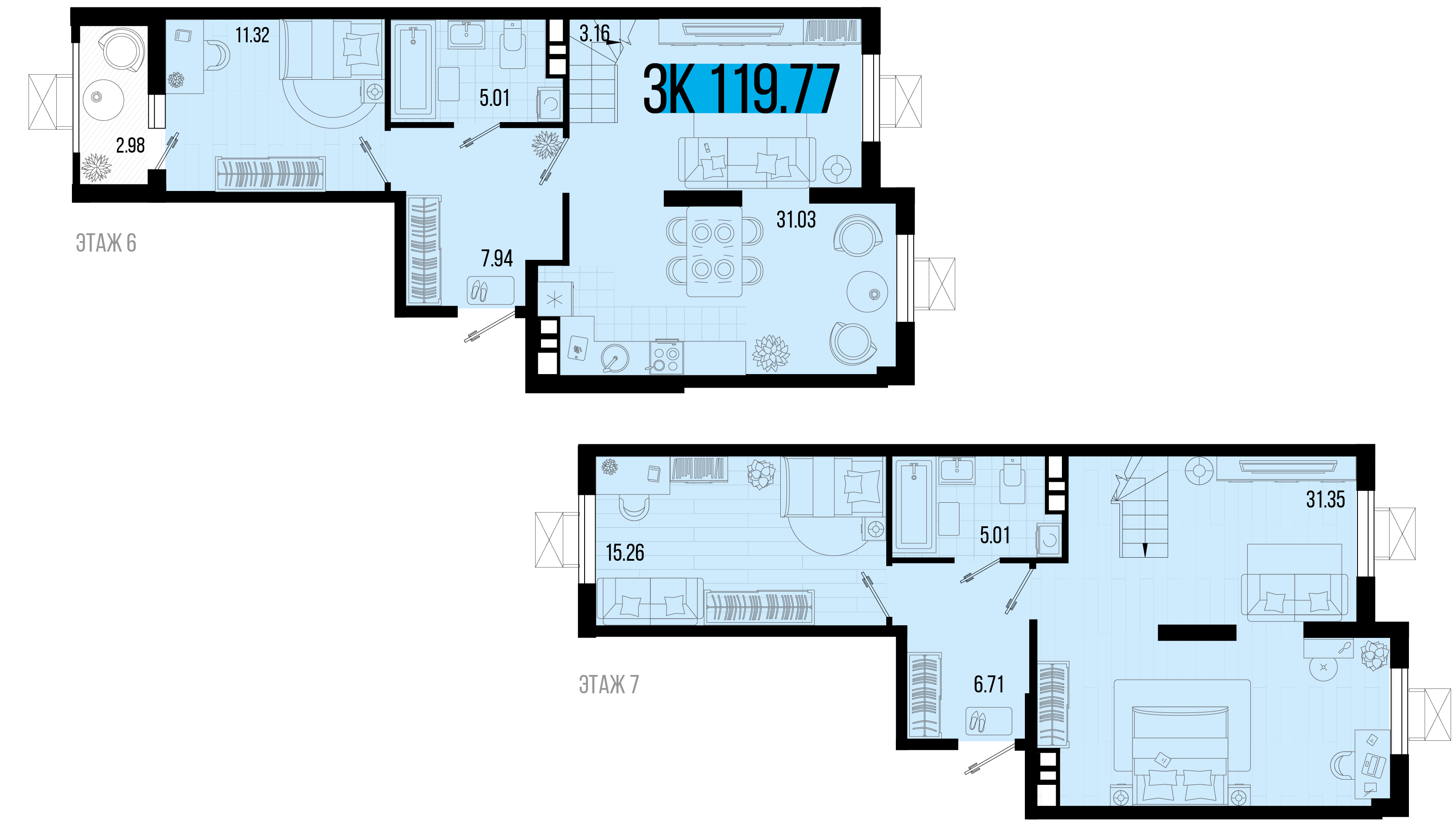 Планировка 3-комнатная 119,75 м²