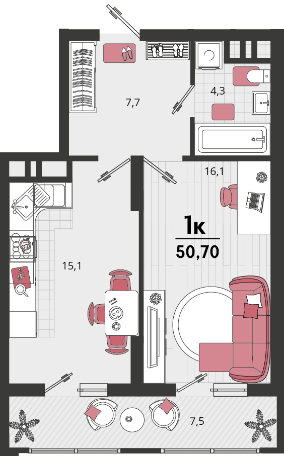 Планировка: 1-комн. квартира 47,5 м²