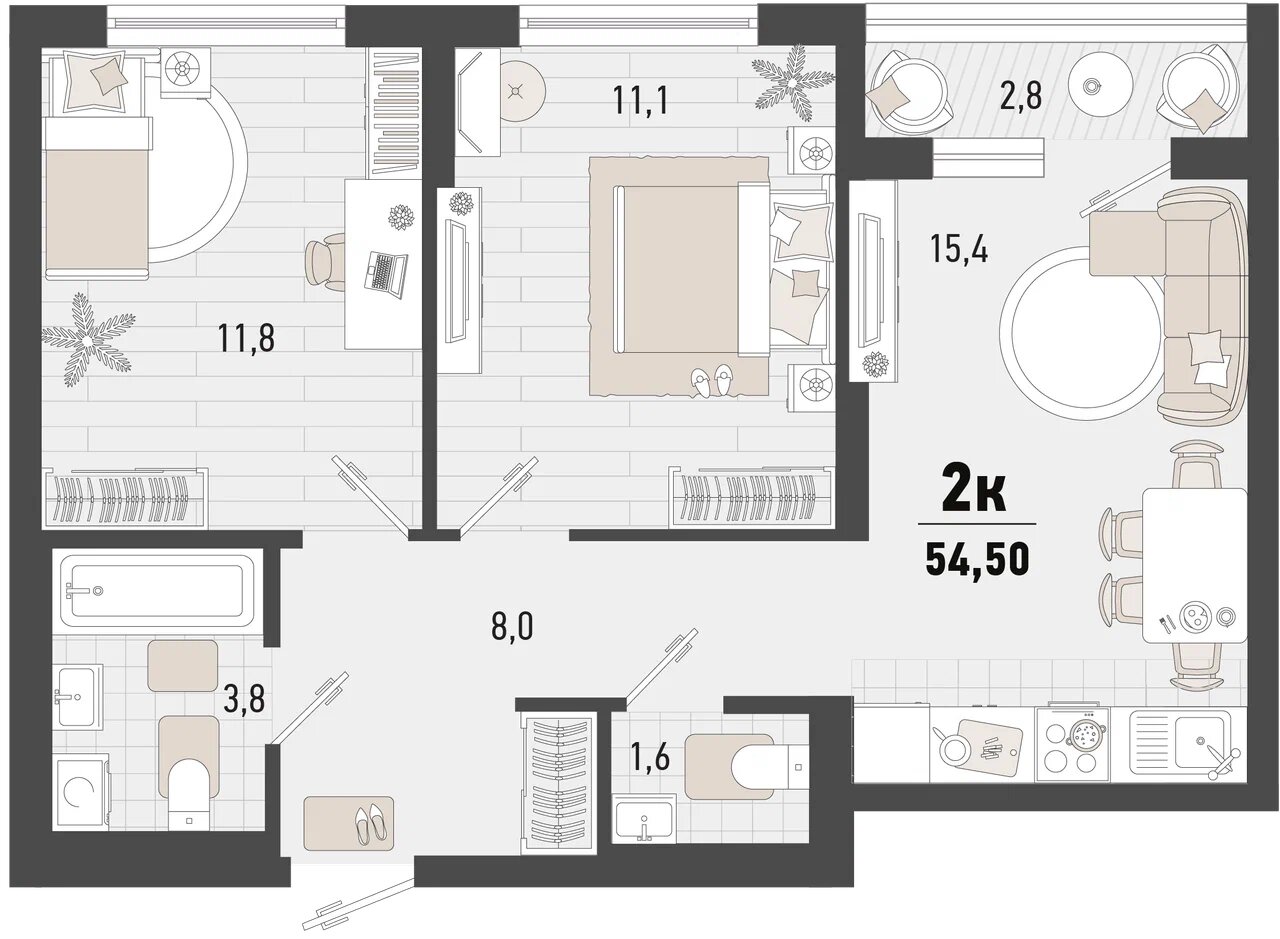 Планировка 2-комнатная 53,1 м²