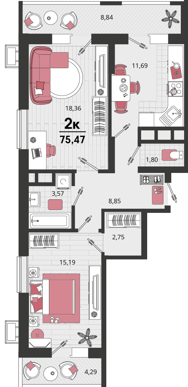 Планировка: 2-комн. квартира 68,9 м²