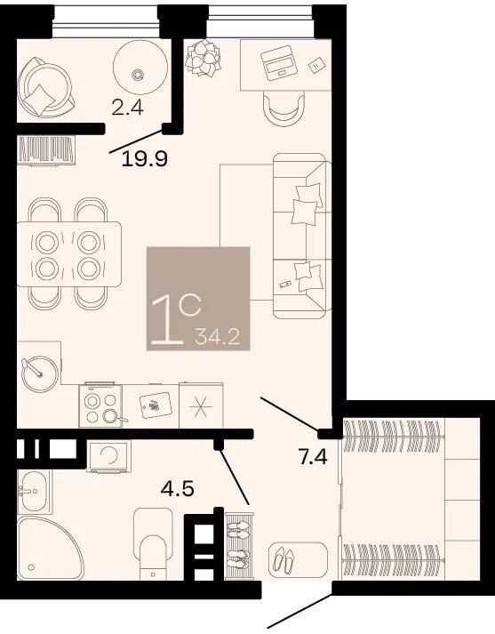 Планировка: Студия 33 м²