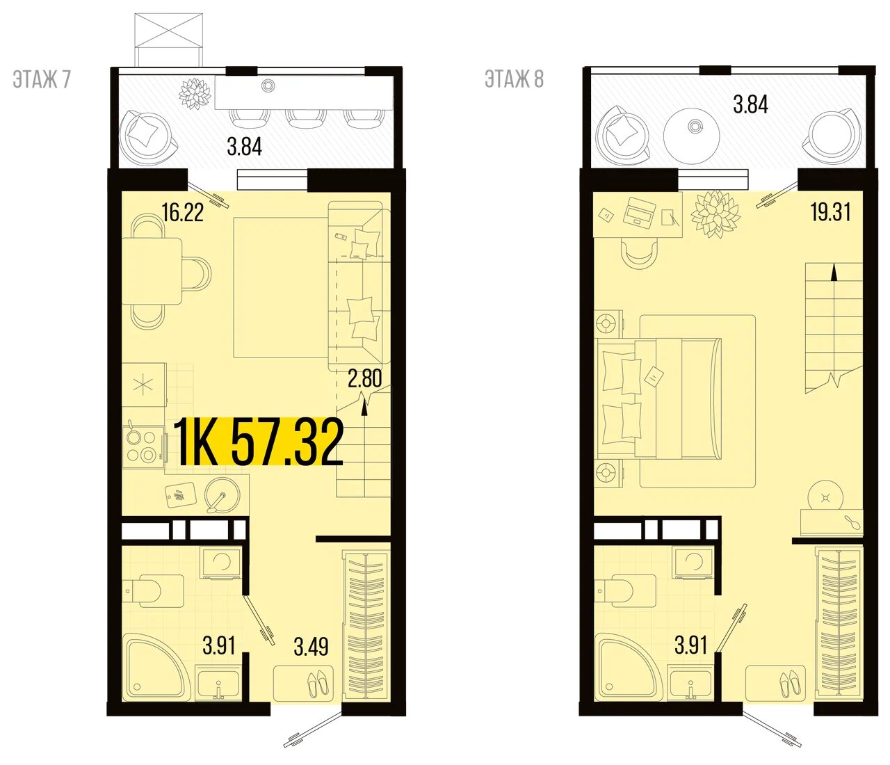 Планировка: 1-комн. квартира 54,4 м²