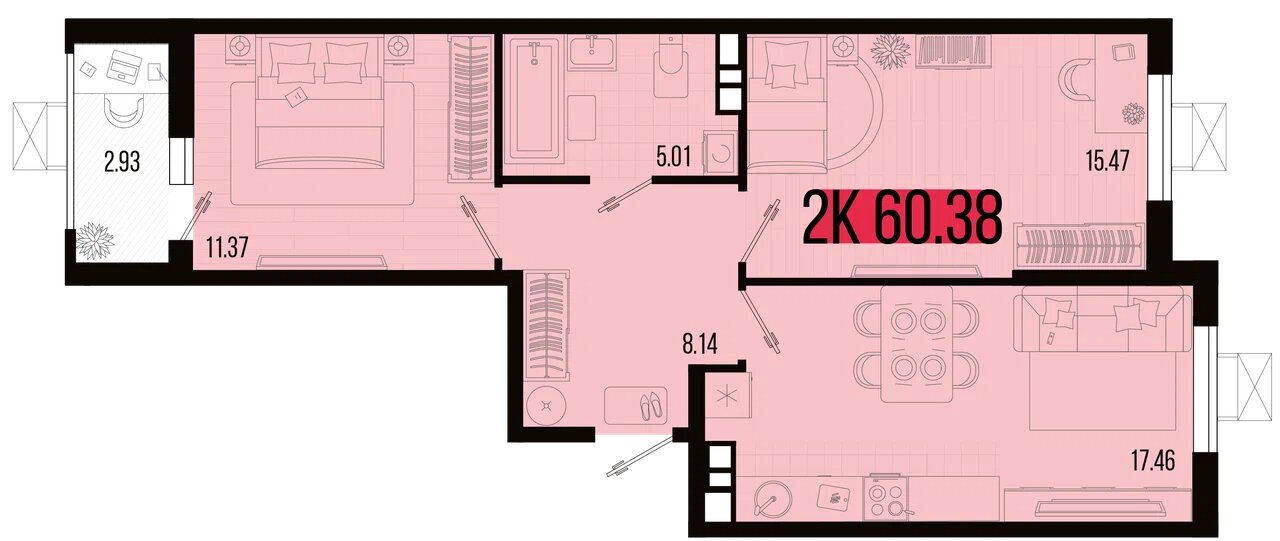 Планировка 2-комнатная 59,2 м²