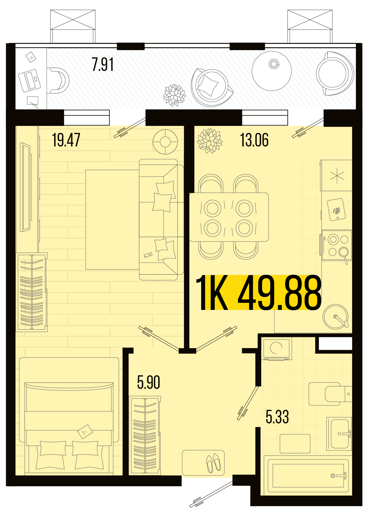 Планировка: 1-комн. квартира 45,9 м²