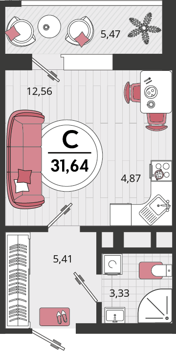 Планировка: Студия 27,8 м²