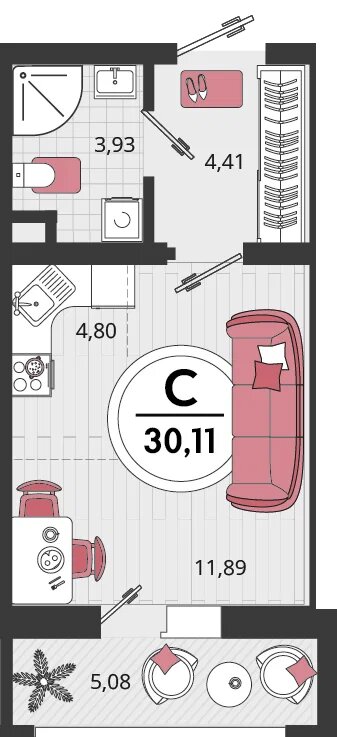 Планировка: Студия 26,6 м²