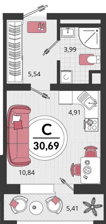 Планировка: Студия 26,9 м²