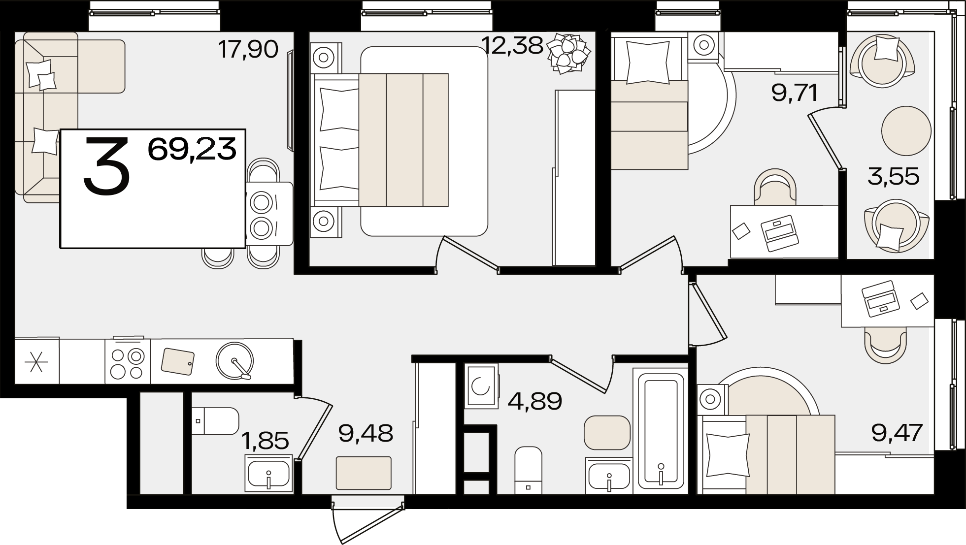 Планировка: 3-комн. квартира 67,5 м²