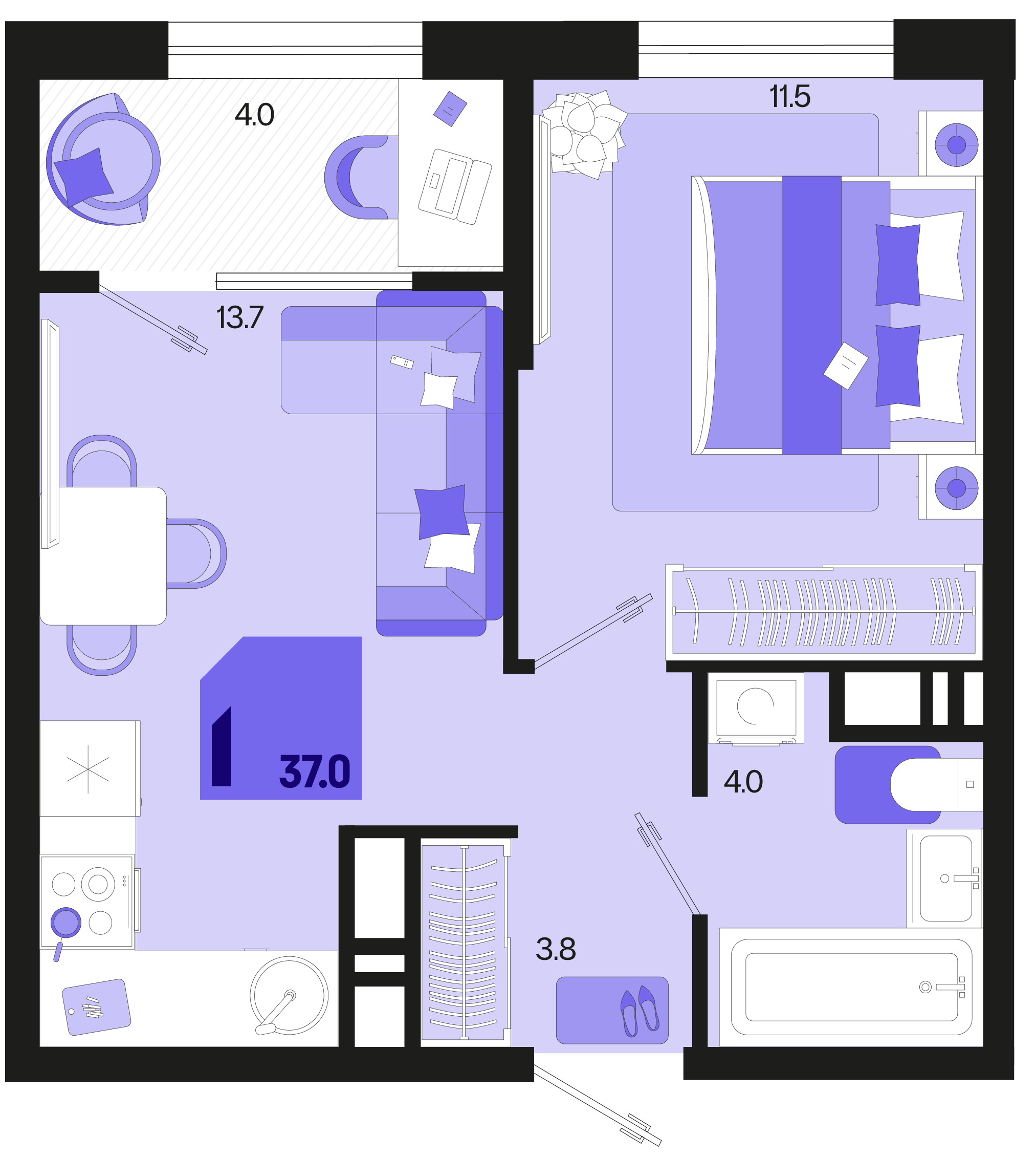 Планировка: 1-комн. квартира 35 м²