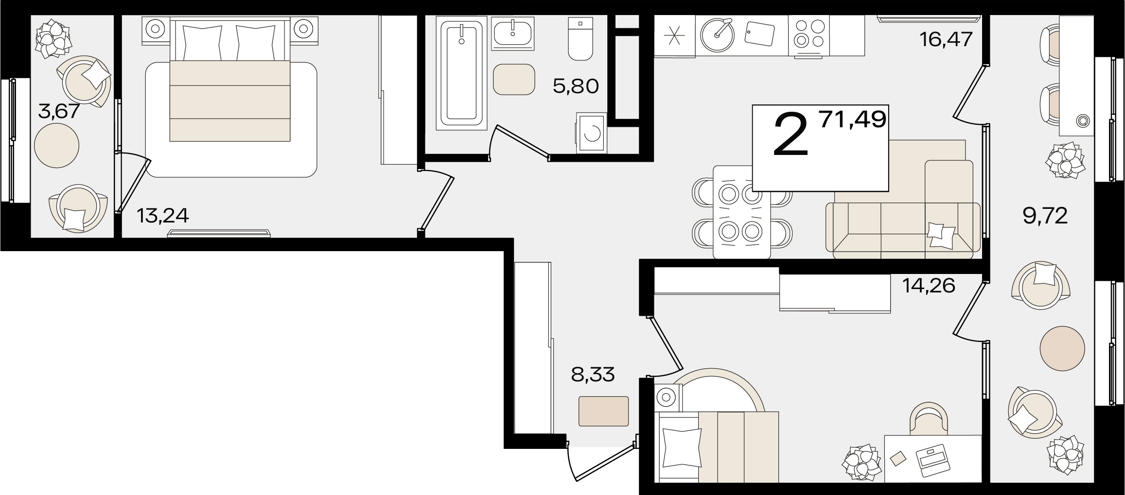 Планировка: 2-комн. квартира 64,8 м²