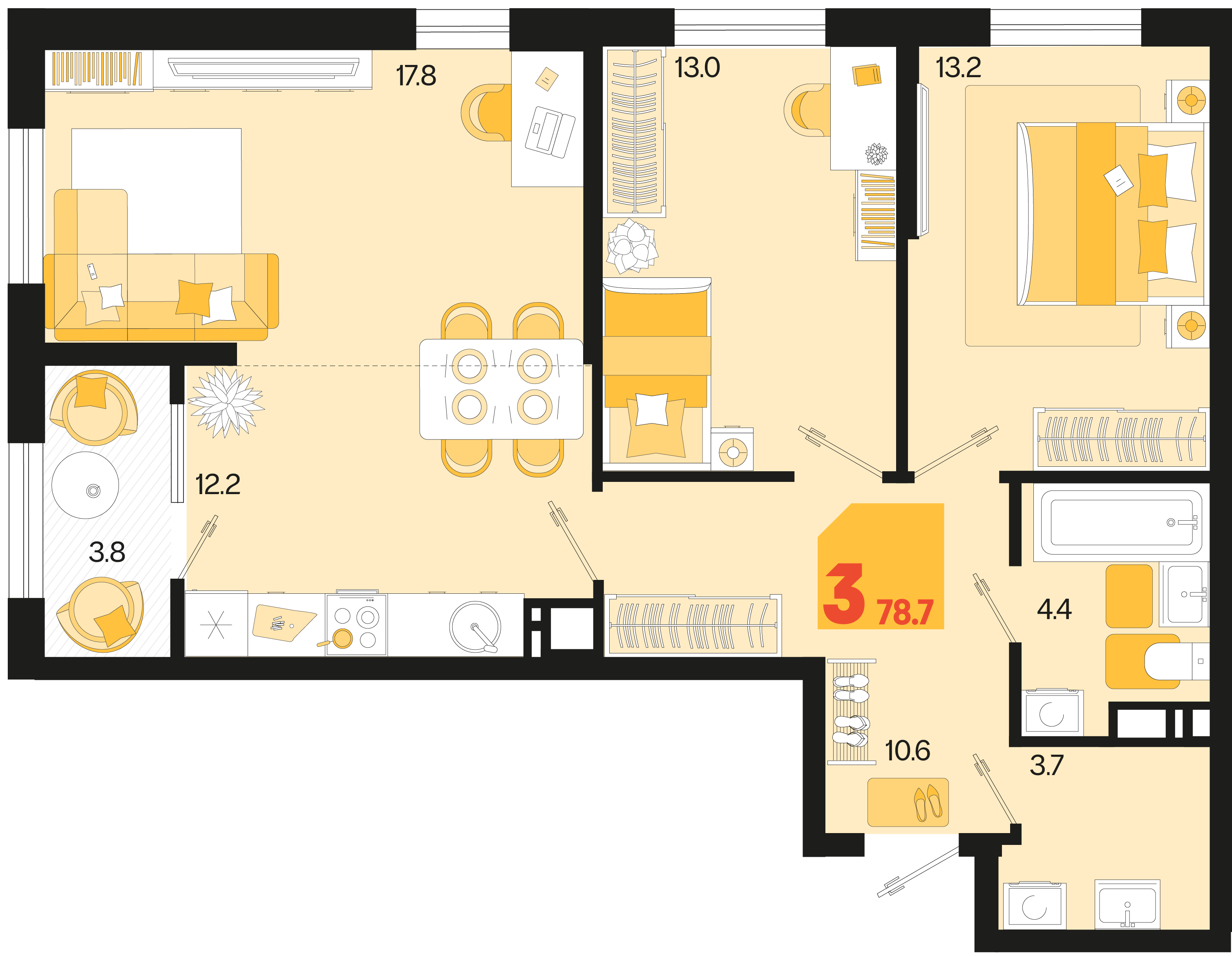 Планировка: 3-комн. квартира 76,8 м²