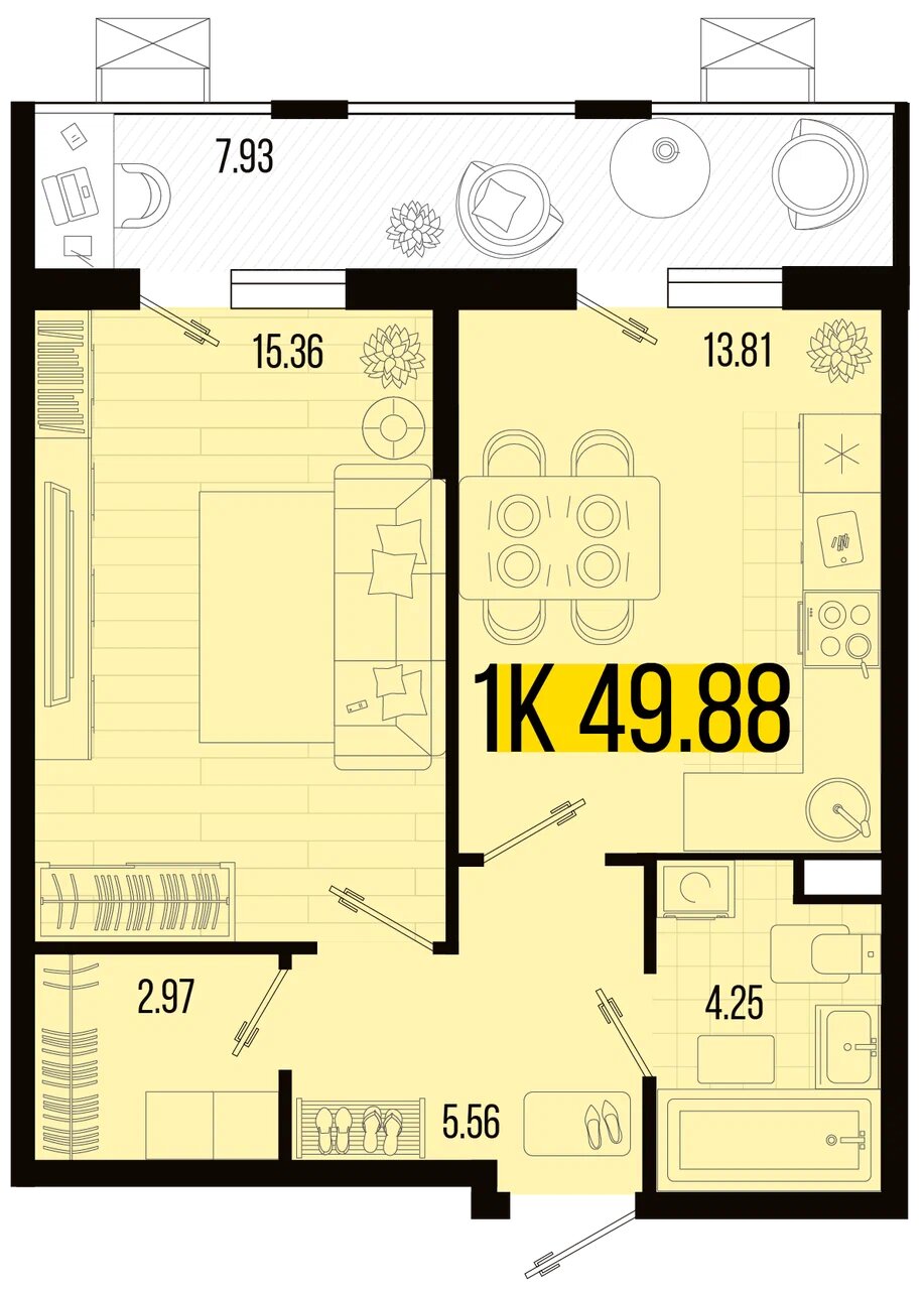 Планировка: 1-комн. квартира 46,5 м²