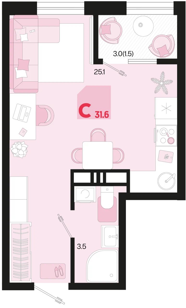 Планировка: Студия 30,1 м²