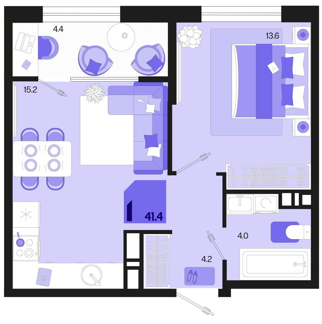 Планировка: 1-комн. квартира 39,2 м²
