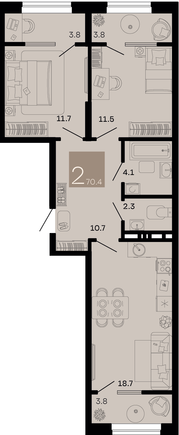 Планировка 2-комнатная 64,7 м²