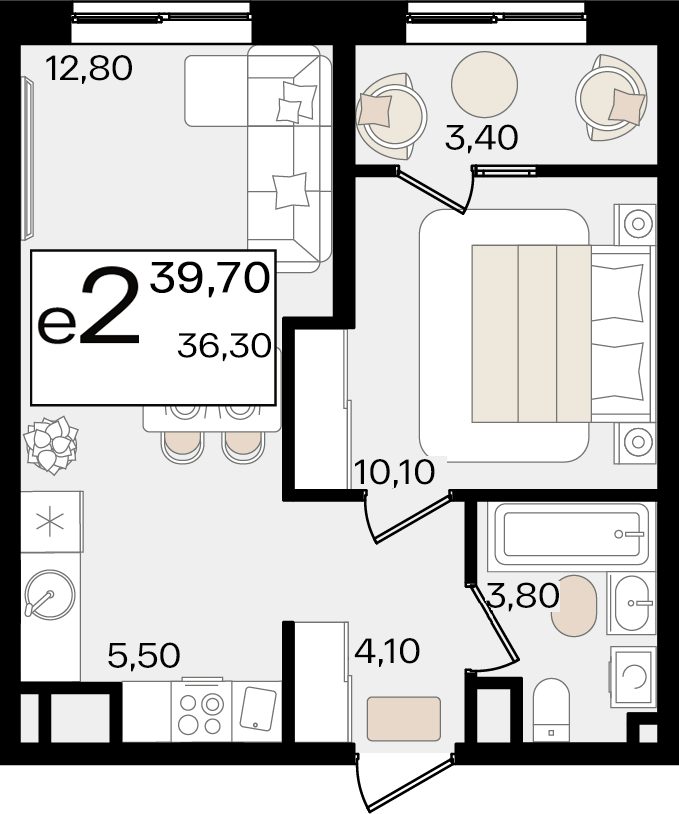 Планировка 2-комнатная 38 м²