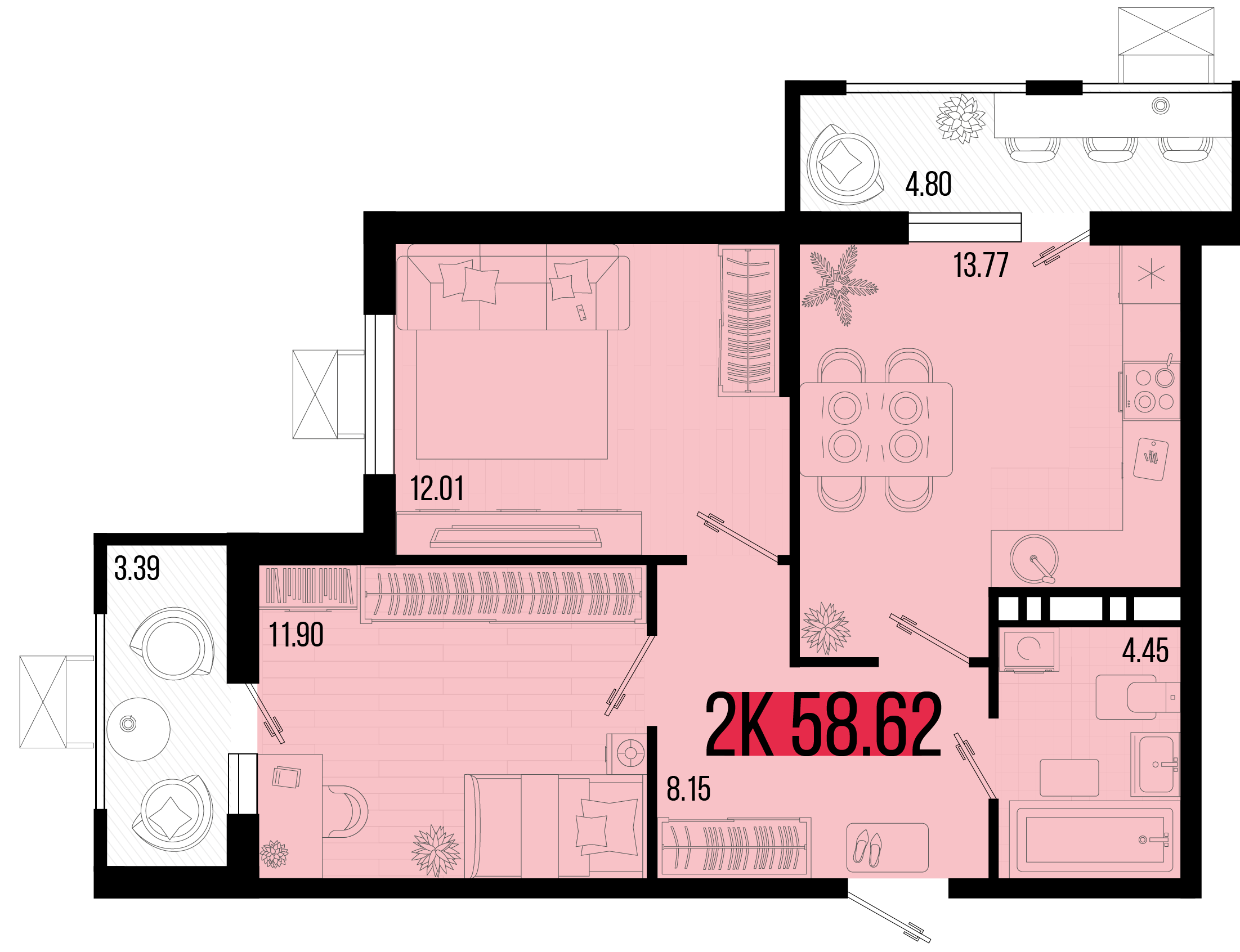 Планировка: 2-комн. квартира 55,1 м²