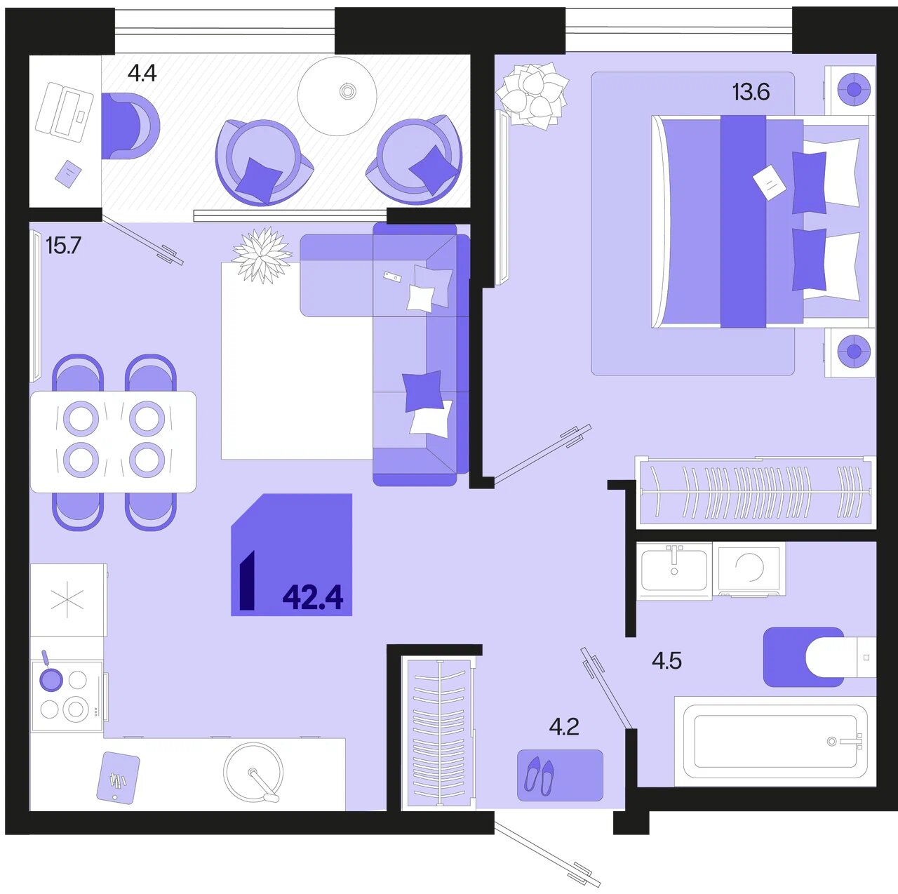 Планировка 1-комнатная 40,2 м²