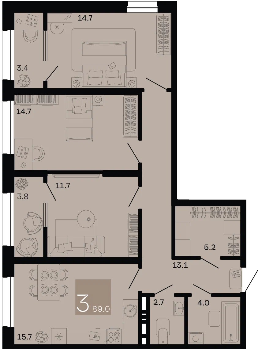 Планировка 3-комнатная 85,4 м²