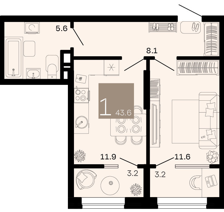 Планировка: 1-комн. квартира 40,4 м²