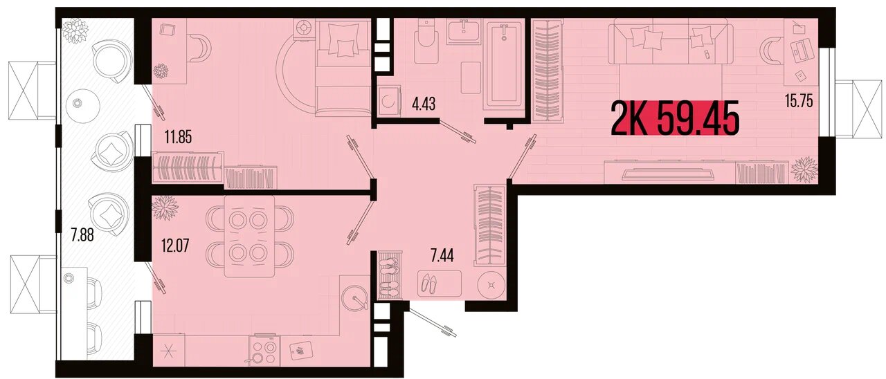 Планировка: 2-комн. квартира 56,2 м²
