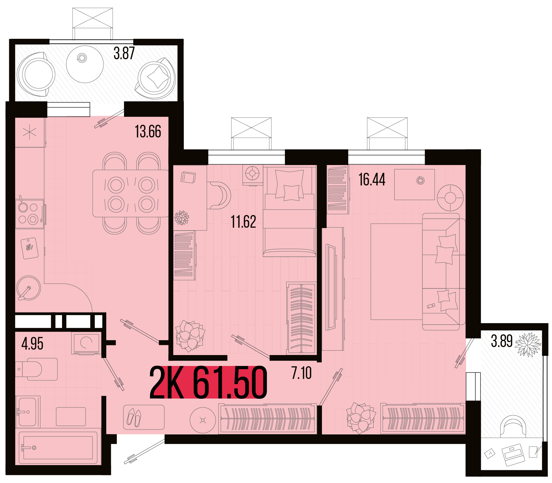 Планировка: 2-комн. квартира 57,6 м²