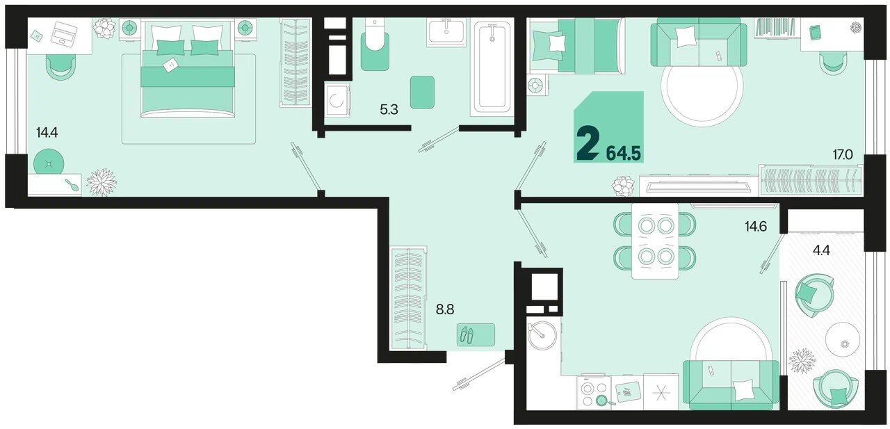 Планировка: 2-комн. квартира 62,3 м²