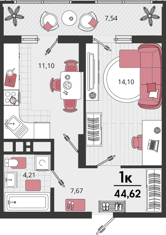 Планировка: 1-комн. квартира 40,9 м²