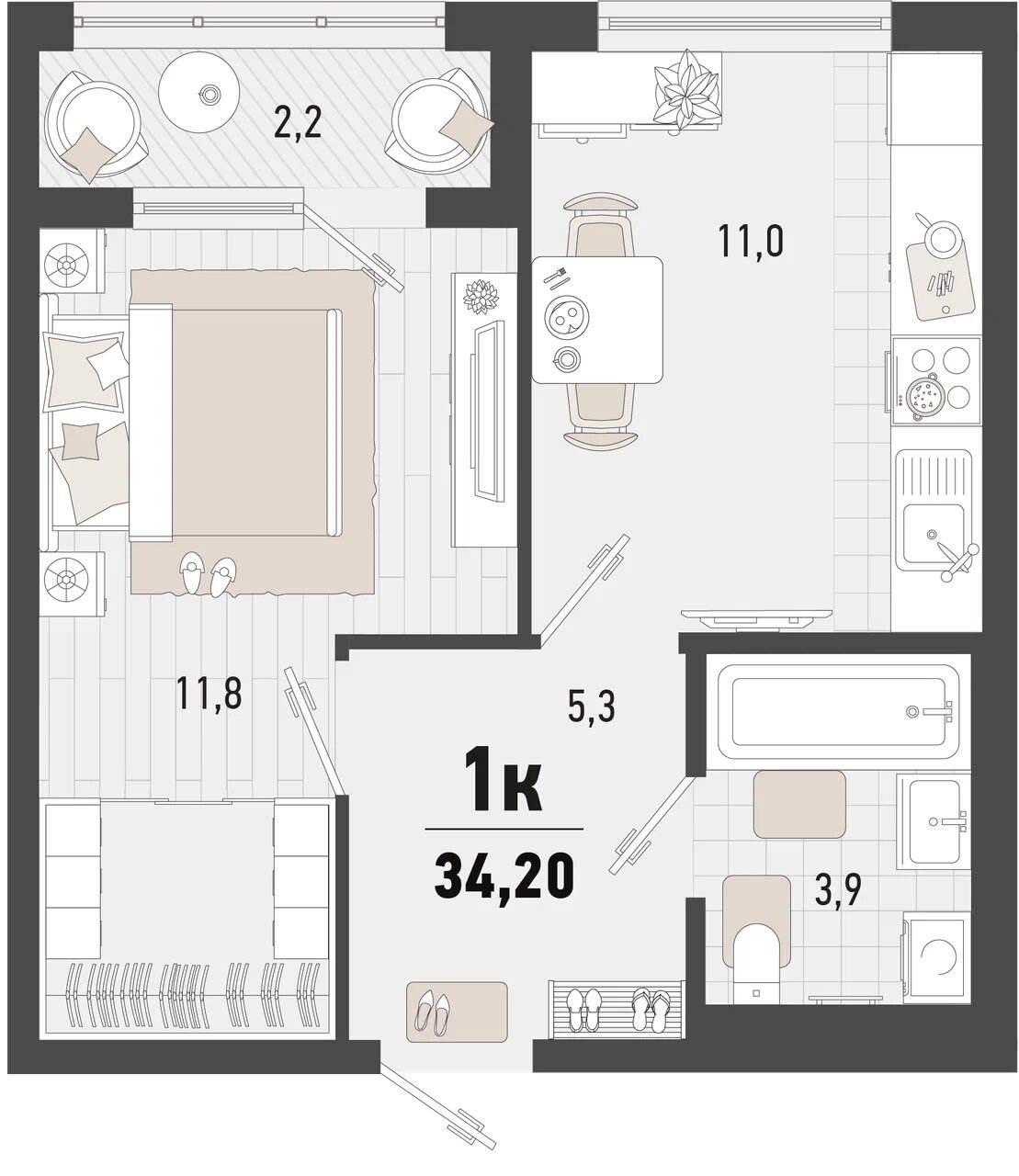 Планировка: 1-комн. квартира 33,1 м²