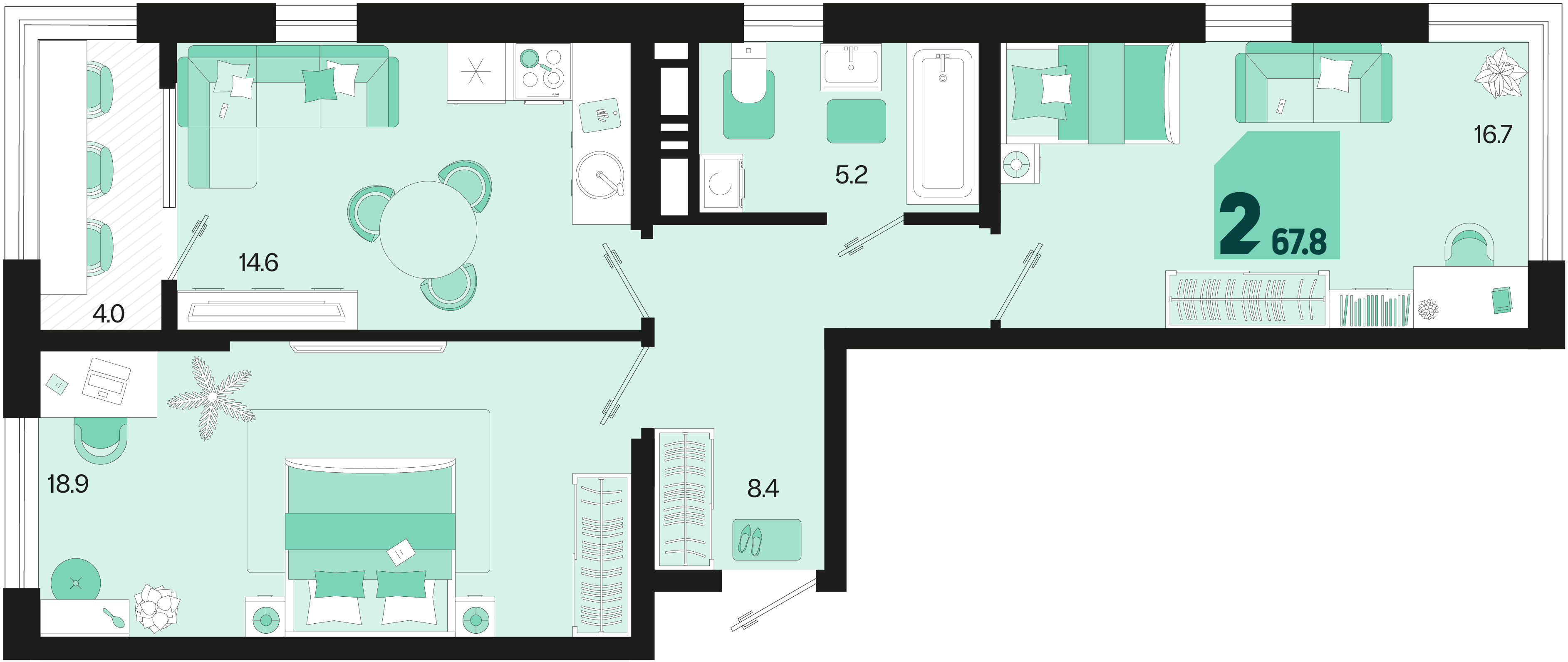 Планировка: 2-комн. квартира 65,8 м²