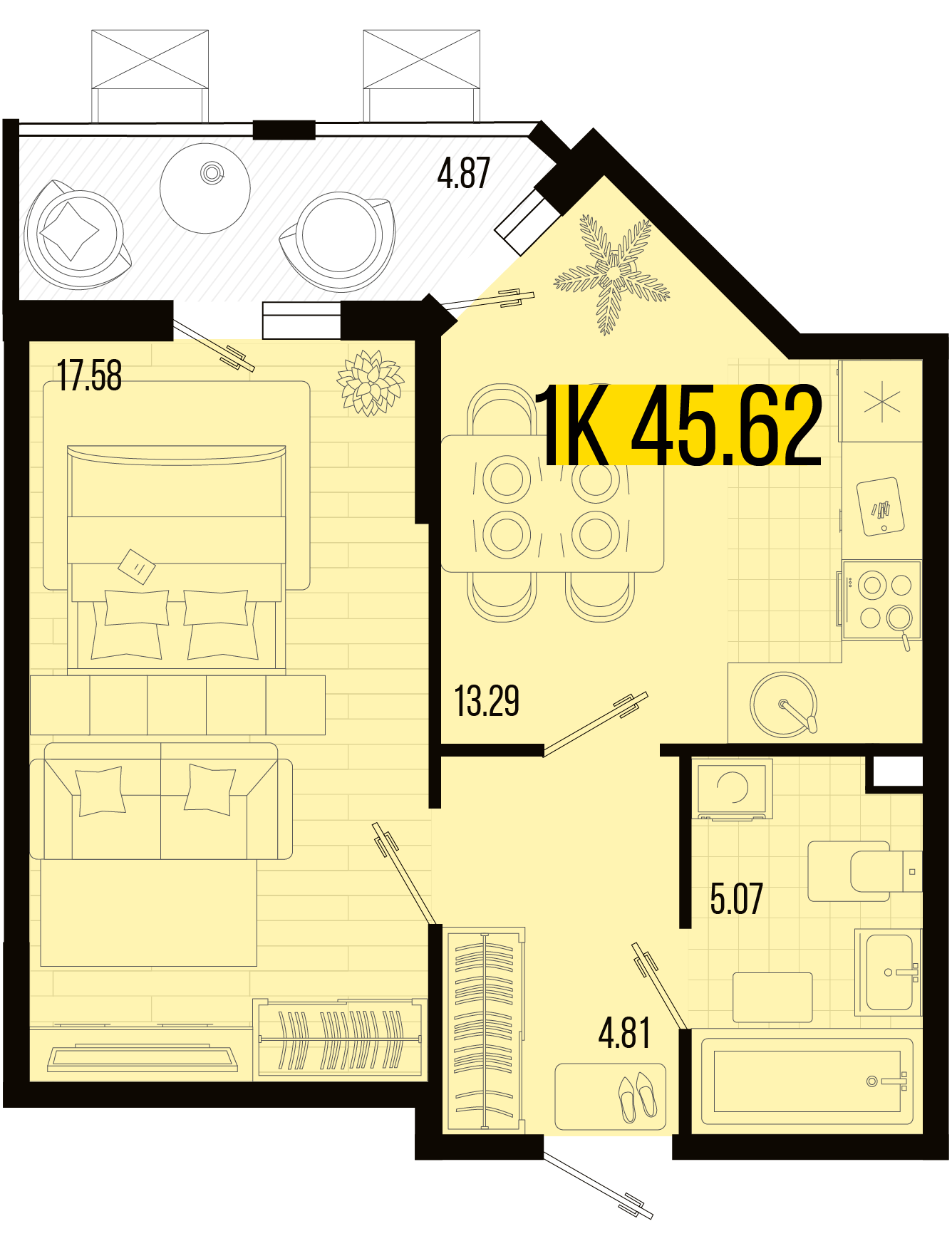 Планировка: 1-комн. квартира 43,2 м²