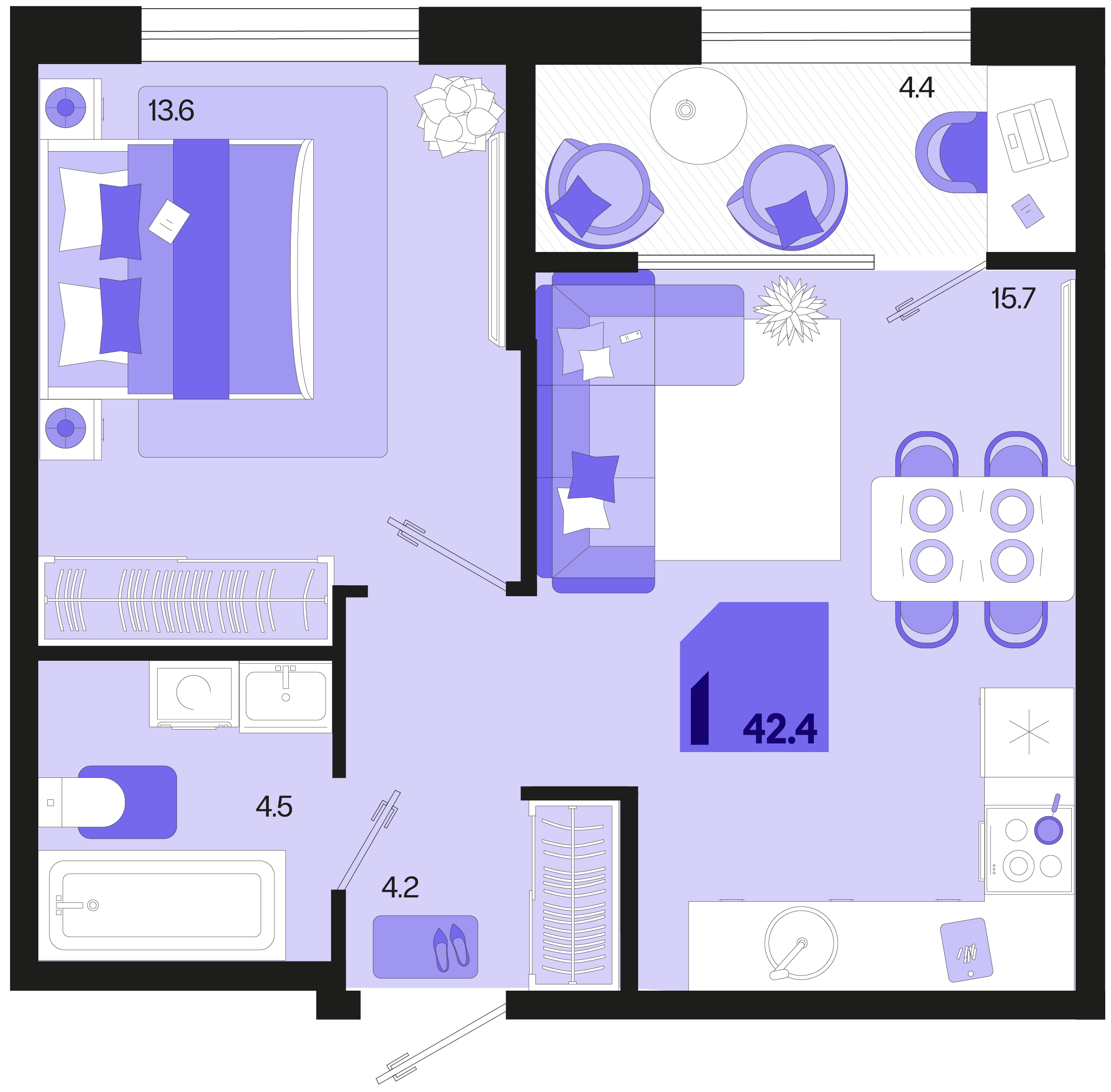Планировка: 1-комн. квартира 40,2 м²