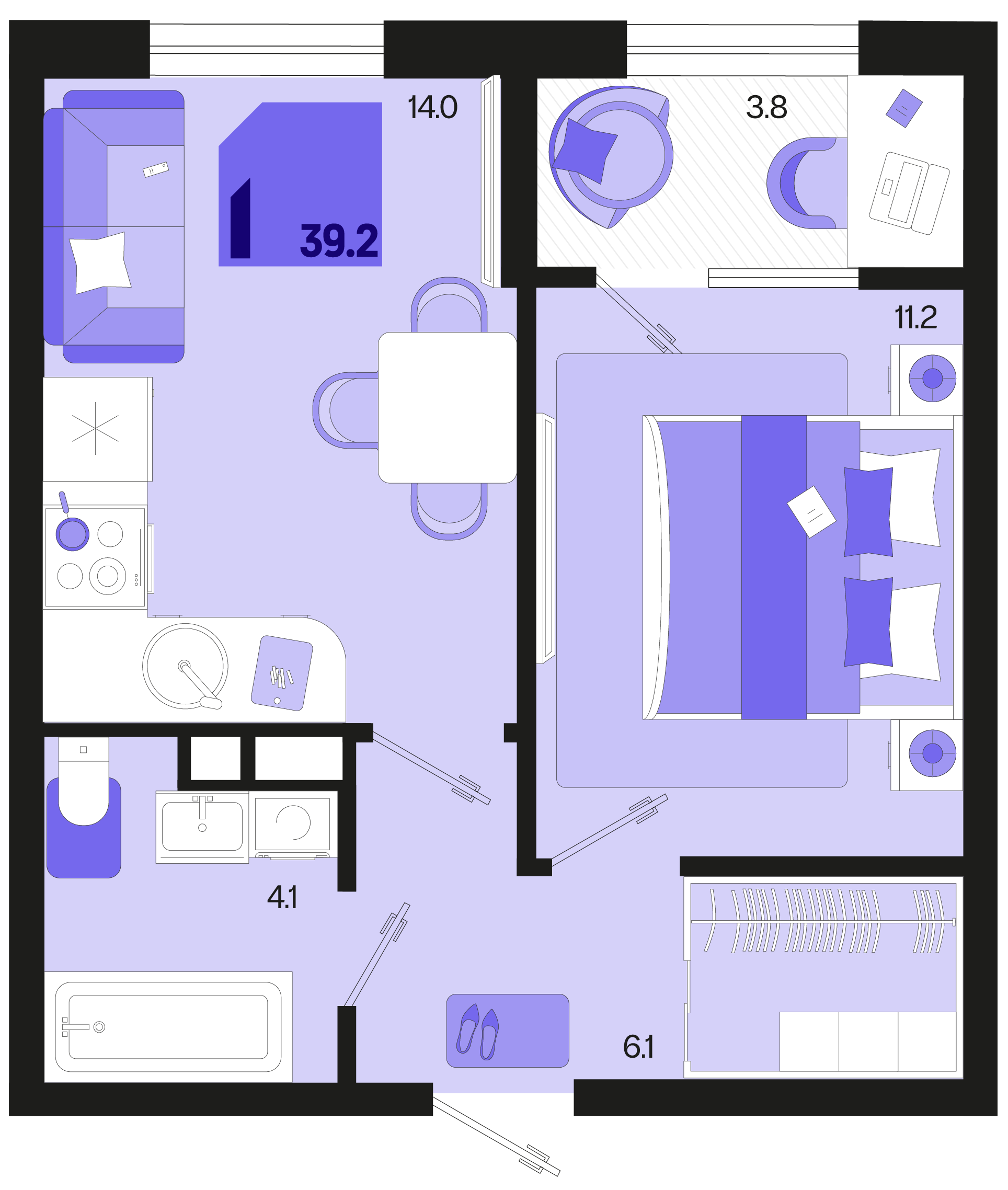 Планировка: 1-комн. квартира 37,3 м²