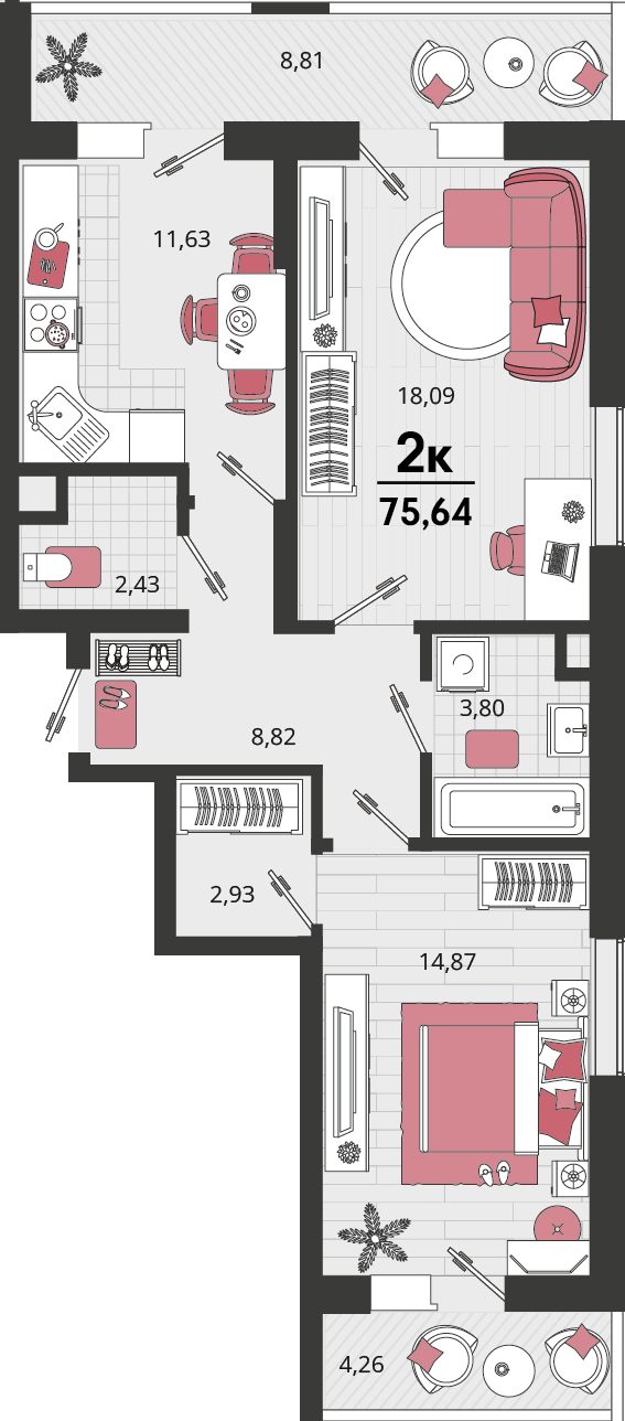 Планировка: 2-комн. квартира 69,1 м²