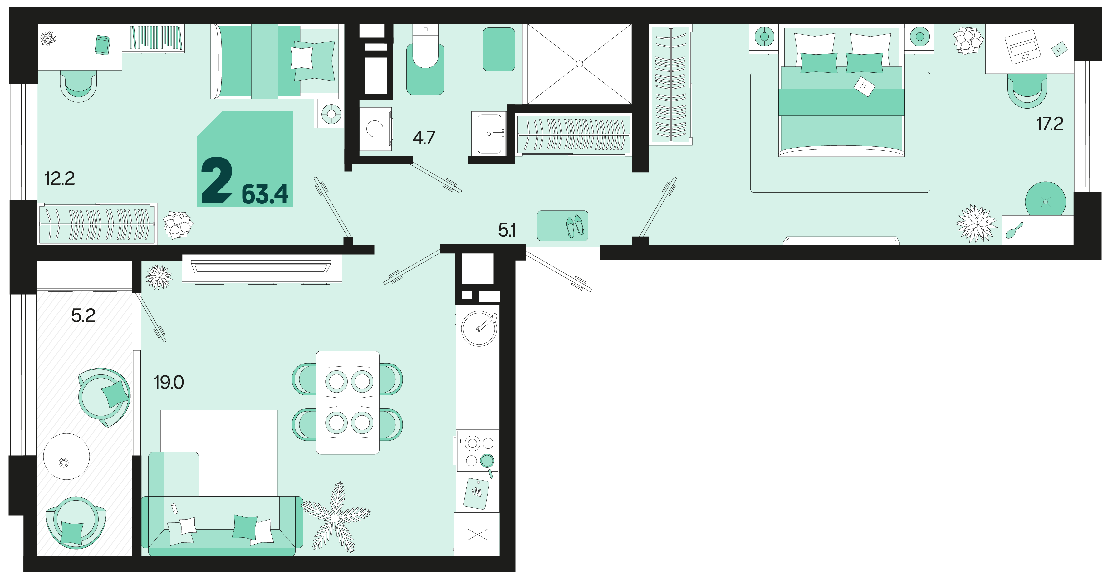 Планировка: 2-комн. квартира 60,8 м²