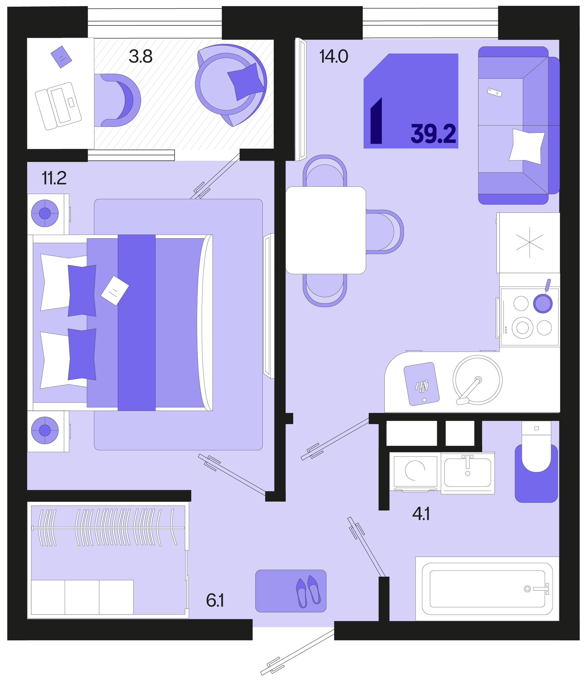 Планировка 1-комнатная 37,3 м²