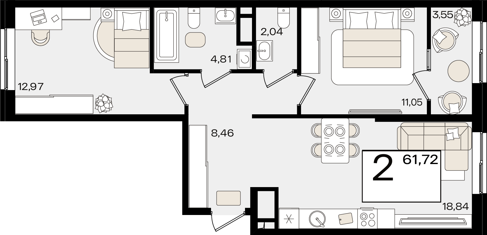 Планировка: 2-комн. квартира 59,9 м²