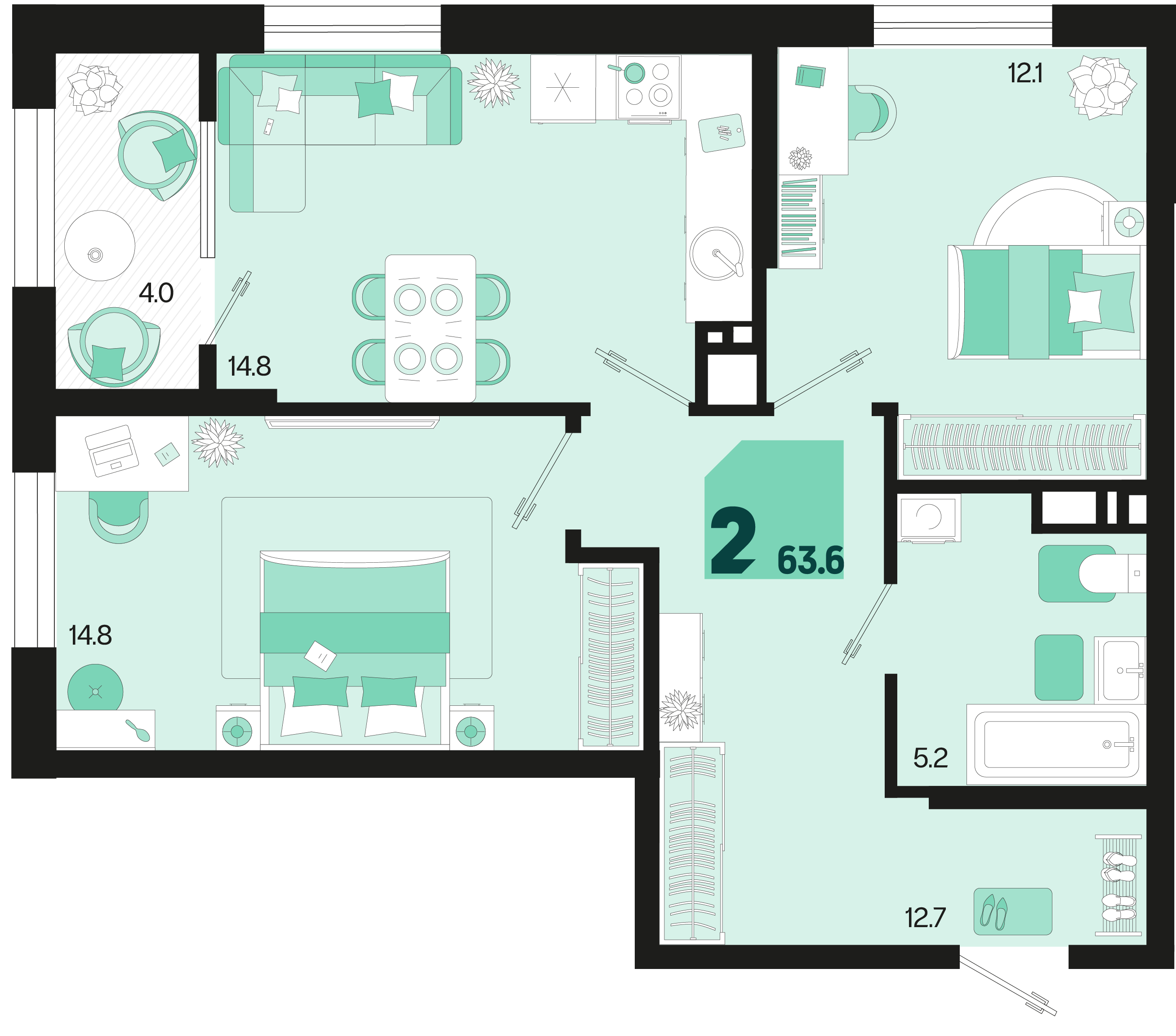 Планировка: 2-комн. квартира 61,6 м²