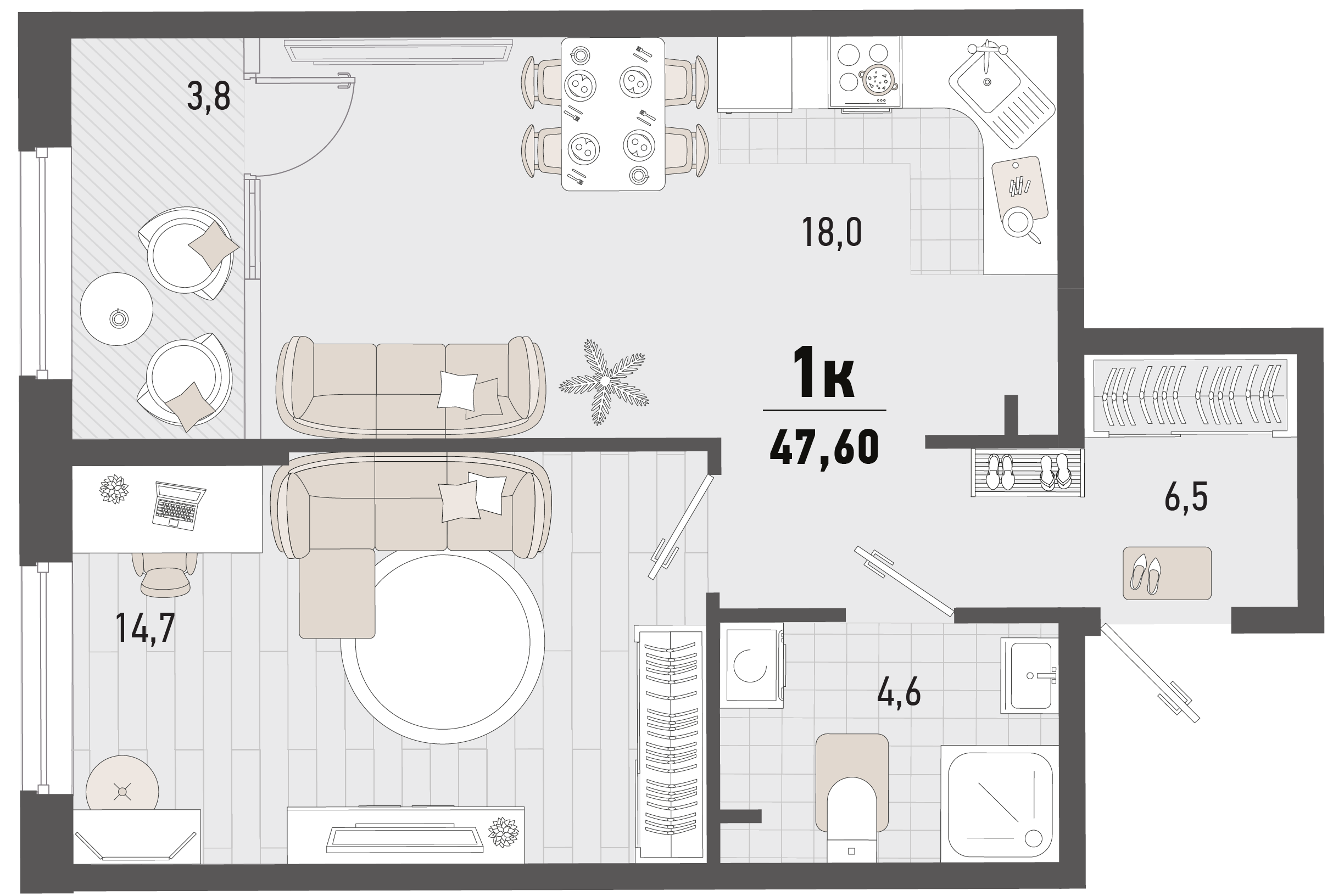 Планировка: 1-комн. квартира 45,7 м²