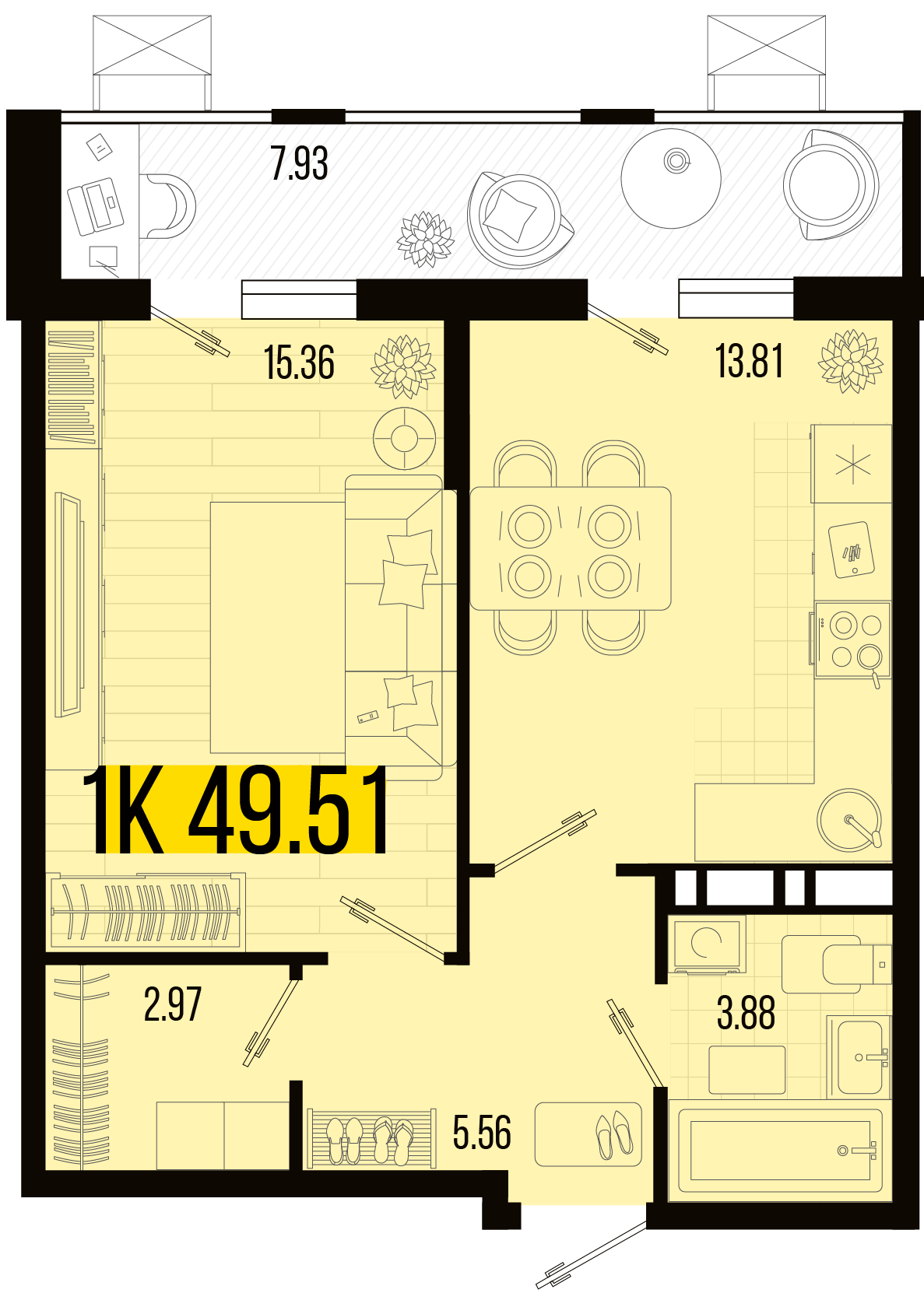 Планировка 1-комнатная 46 м²
