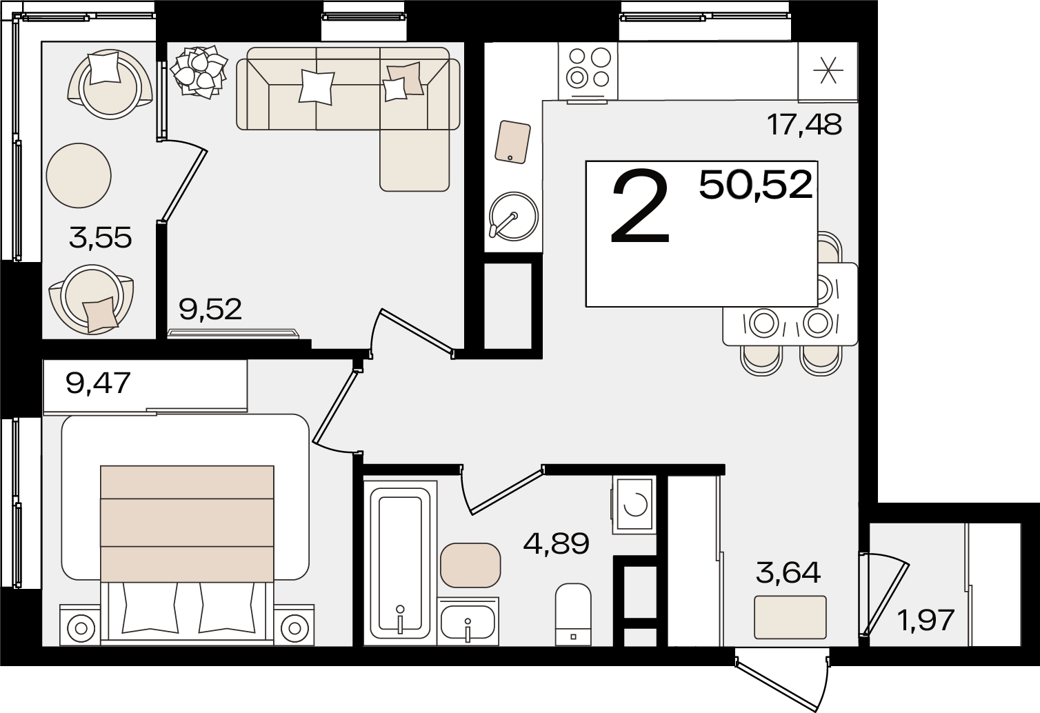 Планировка: 2-комн. квартира 48,7 м²